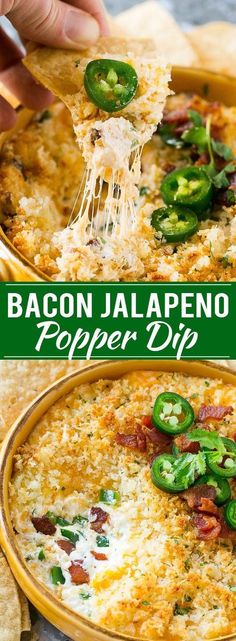 the bacon jalapeno popper dip is being lifted from a casserole dish