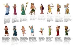 an image of different types of people in ancient greek costumes and names on a white background