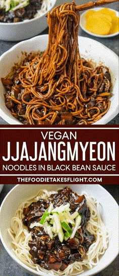 vegan jaanimyeon noodles in black bean sauce