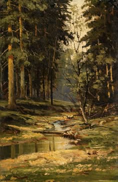 a painting of trees and water in a wooded area