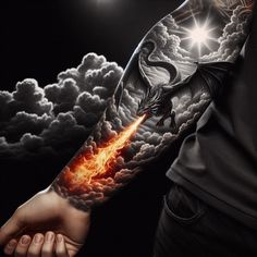 a man with a dragon tattoo on his arm holding a fireball in the air