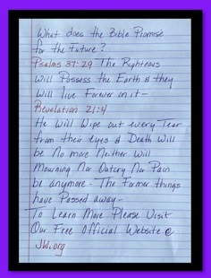 a handwritten note written in purple ink on lined paper with writing underneath it and the words, what does the bible have to do?