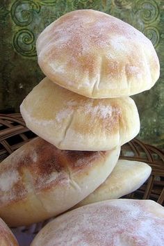 some bread is stacked on top of each other