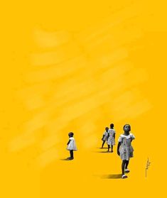 several children are walking in the yellow field