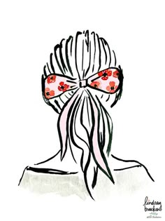 a drawing of a woman's head wearing a bow tie with red flowers on it