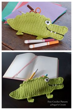 crochet crocodile bookmarks made from an open book and folded in green yarn