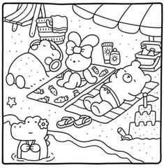 a coloring page with hello kitty and friends in the beach scene, including an umbrella