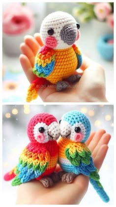 two crocheted parrots sitting on top of each other in front of a person's hand