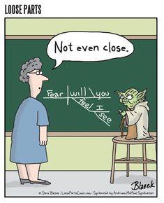 a cartoon depicting an old woman and a baby yoda in front of a blackboard that says not even close