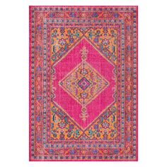 a pink rug with an ornate design on the front and back side, in bright colors