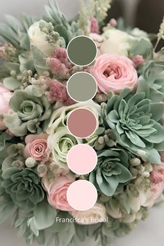 a wedding bouquet with succulents, roses and greenery in shades of pink