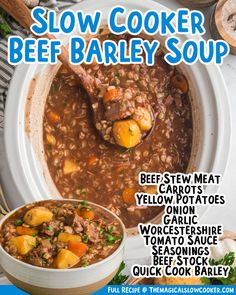 the cover of slow cooker beef barley soup