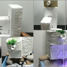 four different pictures show the process of making toilet paper with plants and rocks in it