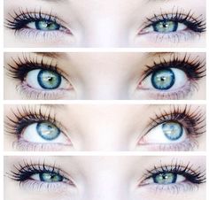 four different pictures of blue eyes with long lashes