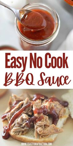 easy no cook bbq sauce in a glass jar and on a plate with bread