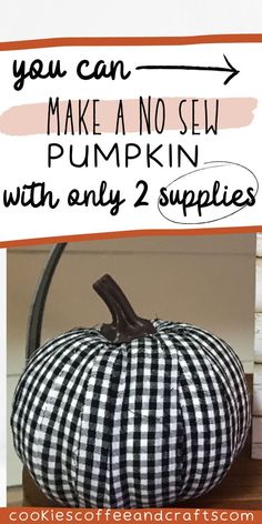 a black and white checkered pumpkin with text overlay that says, you can make a no sew pumpkin with only 2 supplies