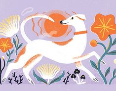 an illustration of a white dog with orange ball in its mouth and flowers around it