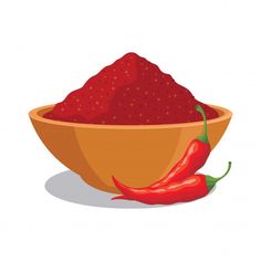 a bowl filled with red chili powder next to a chilli pepper on a white background