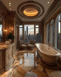 a large bathroom with an oval tub and marble flooring in front of the cityscape