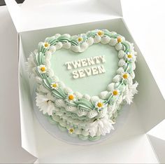 Mint green small heart shaped vintage birthday cake with daisies and twenty seven on it Cake Aesthetic Minimalist, Minimalist Birthday Cards, Minimalist Birthday Decor, Birthday Cake Minimalist, Minimalist Birthday Cake, Birthday Cake Simple, 27th Birthday Cake, Cake Minimalist, Heart Birthday Cake