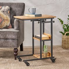 a chair and table in a room with a rug on the floor next to it