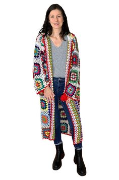 This crocheted kimono is gorgeous, wearable art. This Saachi Granny Square Crocheted Long Hooded Kimono Sweater in White Multicolor is handmade with care. Multicolor granny multi-floral motif square patches are crocheted onto a white background creating perfect contrast. Created from 100% acrylic with a lightweight, wool-like feel, this sweater will keep you cozy! Layer this kimono for more warmth or wear with minimal layers on a cool summer night. We even love this paired with a bathing suit as Crocheted Kimono, Hooded Kimono, Teacher Clothes, Kimono Sweater, Unique Beach, Cool Summer, Summer Night, Granny Square, Floral Motif