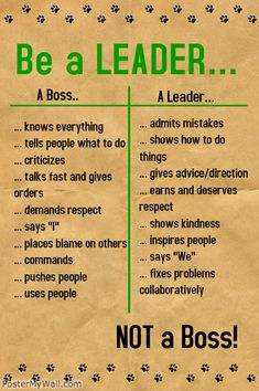 a poster with the words, be a leader and not a boss on it's side