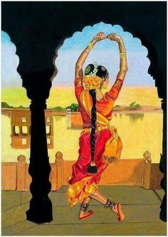 a painting of a woman dancing with her arms in the air while wearing an orange and yellow sari