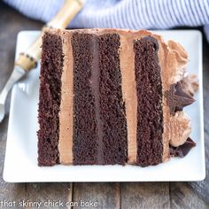 a slice of chocolate cake on a white plate