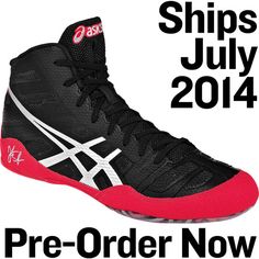 a pair of black and red shoes with the words, ships july 2014 pre - order now