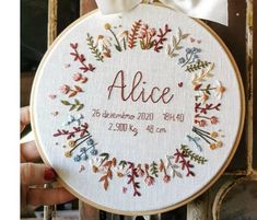 someone is holding up a cross - stitch hoop with the words alice and her name on it