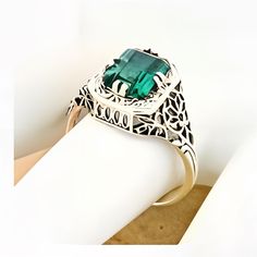 Vintage Simulated Emerald Solitaire Filigree Ring. Intricate Filigree Detail. 925 Solid Sterling Silver. Stamped 925.  Excellent Condition/Like New. Ring Sizes 5-12 May Birthstone, Birthstone Gifts, Filigree Ring, Solitaire Rings, Ring Sizes, Antique Finish, Ring Sterling Silver, Solitaire Ring, Birthstone