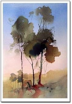 watercolor painting of trees in the distance