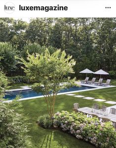 an aerial view of a backyard with pool and lawn furniture in the foreground, surrounded by lush greenery