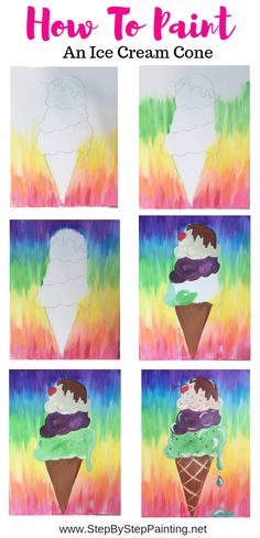 how to paint an ice cream cone with rainbow background