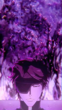 an anime character standing in front of some purple plants and water with his eyes closed