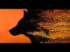 an abstract painting of a dog's head with orange and yellow colors in the background