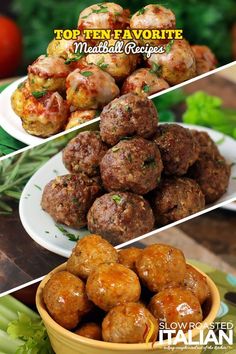 several different types of meatballs on plates