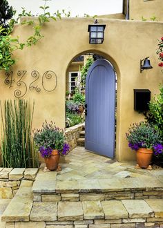 an entrance to a home with potted plants and flowers on the steps leading up to it