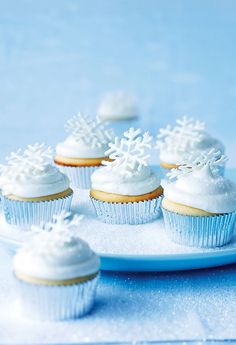 cupcakes with white frosting on a blue plate