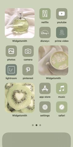 a cell phone with an image of kiwis and other items on the screen