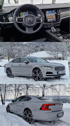 the inside and outside view of a car with snow on the ground in front of it