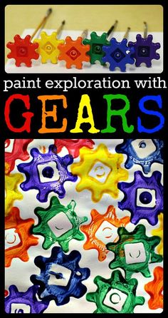 an art project with gears painted on it and the words, paint explosion with gears