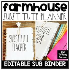 a table with notebooks and pens on it that say,'subtitue teacher '