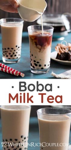 boba milk tea is being poured into two cups