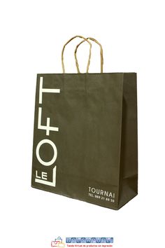 a black shopping bag with the word'le loft'printed on it, sitting in front of a white background