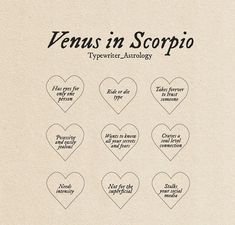 seven heart shapes with captions in black ink on a beige paper background that says capricon venus