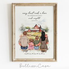 a watercolor painting of a family sitting on a bench with the words, every heart needs a home