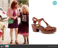 Kimmy’s brown sandals on Unbreakable Kimmy Schmidt. Outfit Details: https://wornontv.net/57044/ #UnbreakableKimmySchmidt Polka Dot Bags, Swedish Hasbeens, Green Polka Dot, Movie Costumes, Pink Cardigan, Brown Sandals