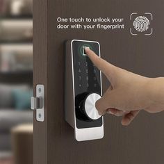 a finger is pressing the button on an electronic door lock that reads, one touch to unlock your door with your fingerprint